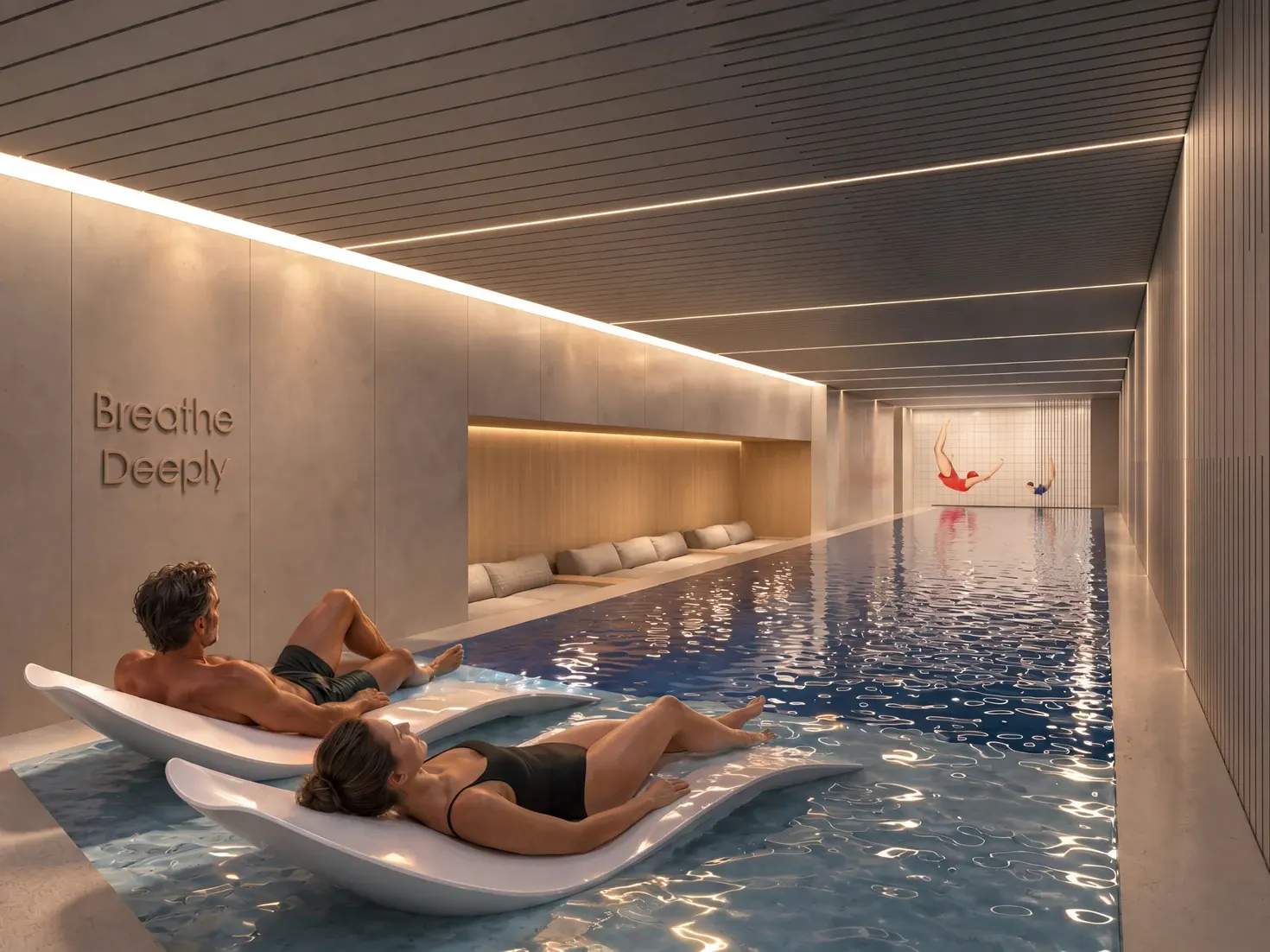 בריכה מקורה במתחם ה-Wellness – זוג נח על מיטות שיזוף בתוך המים לצד הכיתוב Breathe Deeply